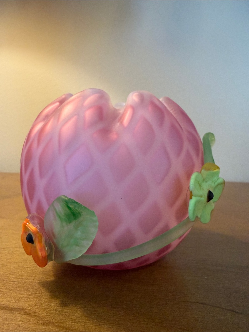 Vintage Pink Satin Glass Rose Bowl - Diamond Quilted Cased Art Glass